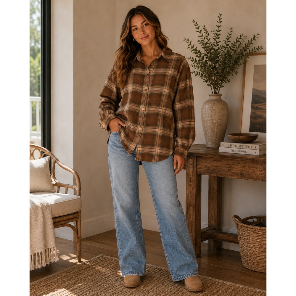 American Eagle Shirt Womens Small Brown Plaid Button Up Cottagecore Gorpcore